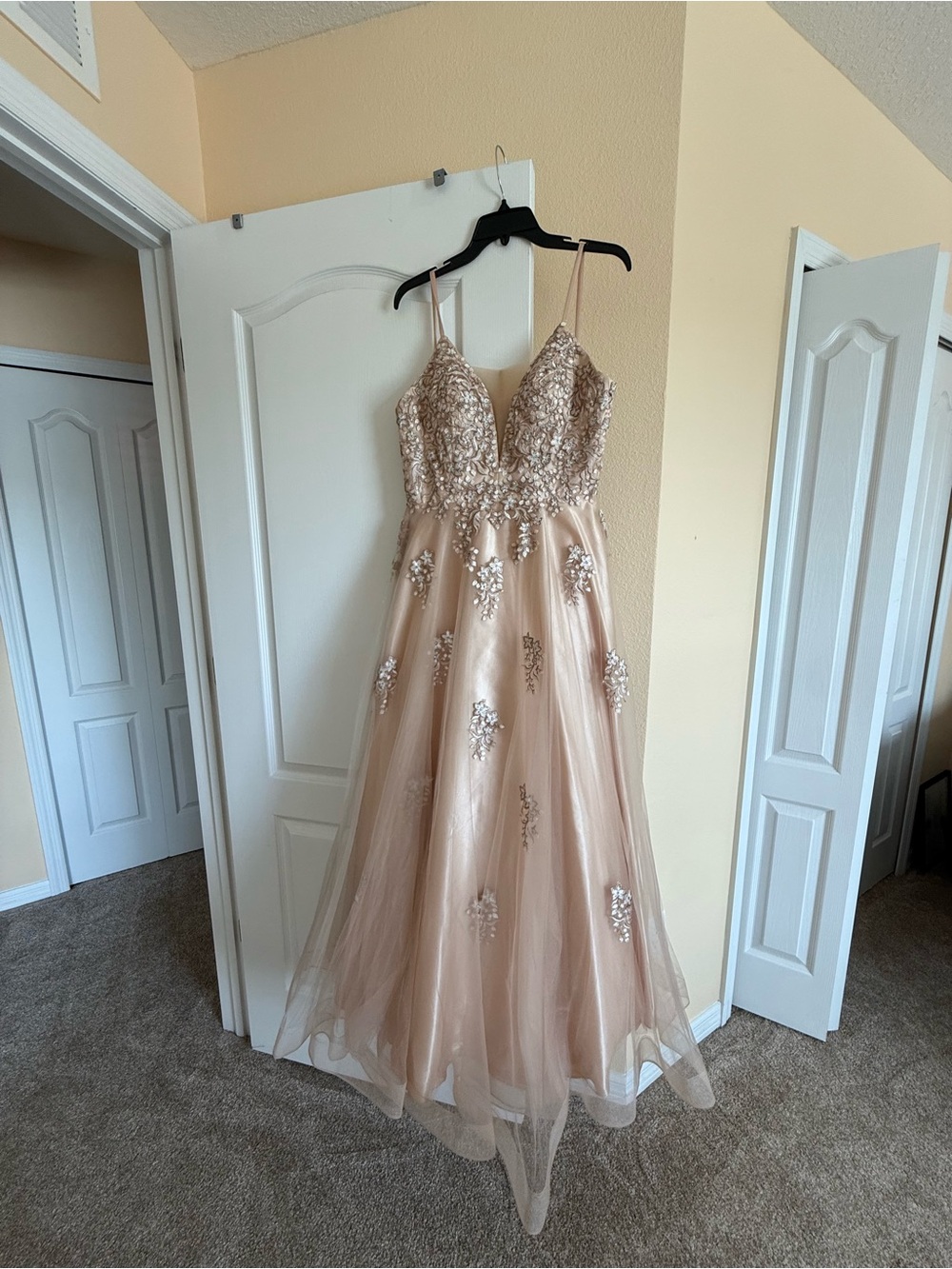 Camille La Vie Beaded Tulle Gown in Blush Champagne